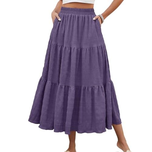 HUSKARY Women's Summer Casual Elegant Smock Layered Tiered Maxi Skirt High Waisted A Line Flowy Long Skirts with Pockets Small Dark Purple