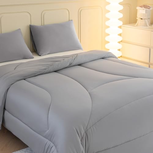 LETSLEEP Twin/Twin XL Light Gray Comforter Set with Ergonomic Design, Soft Microfiber Bedding Sets with Extra Long Solid Comforter & 1 Pillowcases, All Season Simply & Modern Bed Set for Adult, Kids