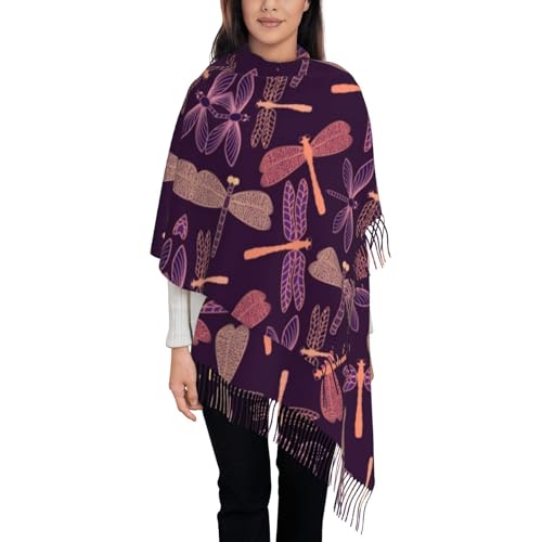 JONGYA Châle imprimé libellule violette et écharpe à pompons, adapté pour la chaleur quotidienne ou un style assorti, Libellule violet., taille unique