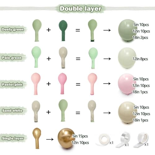 Dusty Green Pink Balloon Arch Double Stuffed, Sage Mint Green Baby Pink White Sand Cream Gold Pastel Balloon Garland Kit for Baby in Bloom Birthday Wedding Summer Dinosaur Hawaii Party by Partycus - Used condition - Image 4