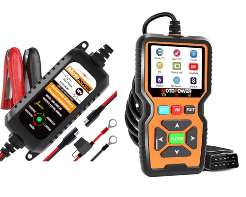 MOTOPOWER MP00205A 12V 800mA Battery Charger Maintainer with MP69039 OBD2 Code Reader Scanner