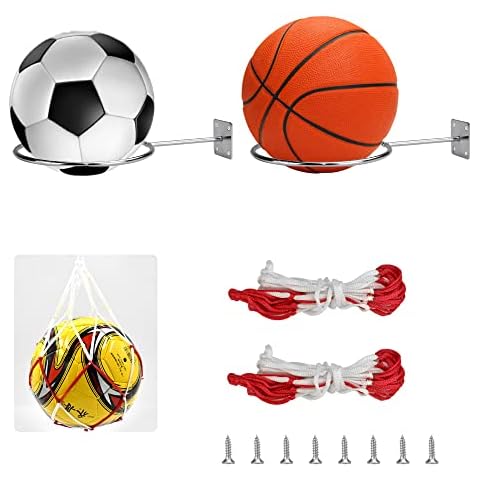 ANTHYTA Wall Mount 2PCS Sports Ball Rack Display Ball Holder Stainless Steel Football Display Rack with 2 Pcs Ball Mesh Bag for Sports Ball Storage Holder Cover