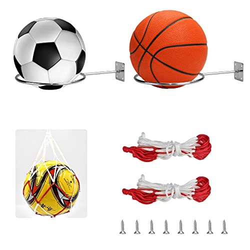 ANTHYTA 2 PCS Soporte de Bola Montado en Pared Estante de Almacenamiento de Balones con 2 Redes para Baloncesto Soporte de Fútbol en la Pared Estante de Exhibición Pelota de Metal Voleibol Rugby Cover