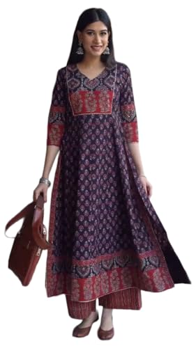 Image of ANNI Designer Women's Viscose Blend Straight Printed Kurta with Palazzo | Ethnic Indian Kurta Set | 3 /4 Sleeve Round Neck Traditional Dress | Festive Office Casual Outfit for Women