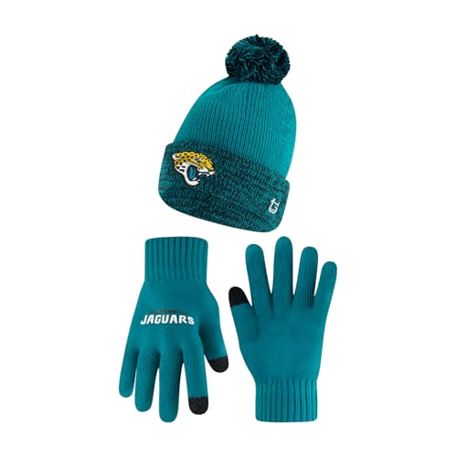 Ultra Game NFL Official Adults Super Soft Two Tone Winter Beanie Knit Hat with Extra Warm Touch Screen Gloves, Jacksonville Jaguars, Team Color, 1SIZE