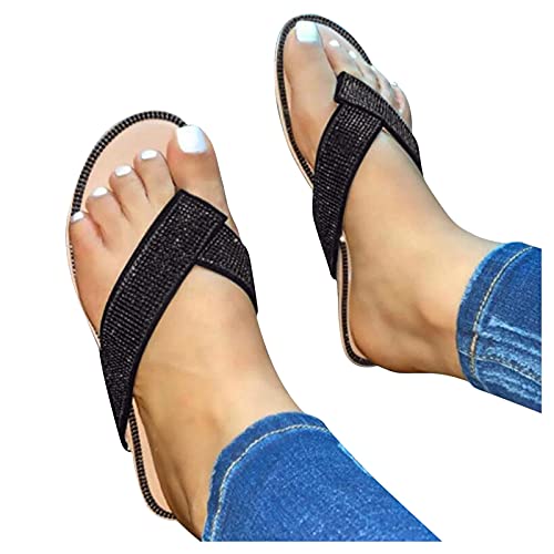 Aniywn Womens Summer Flip Flops Casual Comfort Thong Sandals Non-Slip Slippers for Beach Rhinestone Sandals Slippers Black