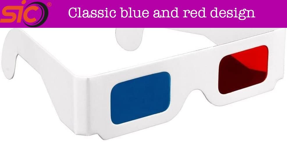 SIC ® 3D Paper Glasses for Movies, Red and Cyan Lens in White Frame Anaglyph Cardboard - Folded in Protective Sleeve, for Home Theater 3D DVDs Video Games Comics Publications Internet Images, 10 Pairs