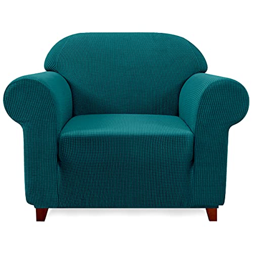 Sofa 1-Piece Stretch Slipcover Soft Couch Washable Furniture Covers Jacquard Fabric Checks(Turquoise,Small), Armchair/1-seater