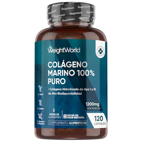Colágeno Marino Hidrolizado 100% Puro 1200 mg - 120 Cápsulas de Péptidos de Colágeno de Pescado...