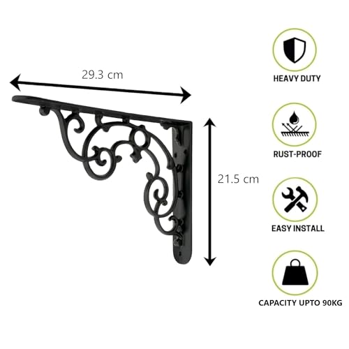 Image of Metal Handcrafted Shelf Bracket for Floating Shelves, L Angle Decorative L Shaped Corner Brace Joint Heavy Duty Wall Mounted Shelf Supporter, Corner Brace Holder | (Pack of 1 Pair, Black)