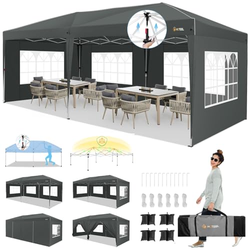 Image of HOTEEL 10x20 Pop up Canopy Tent with Sidewalls, One Push Outdoor Waterproof Tents for Parties with Reinforce Rod, Sandbag, Easy Setup Event Tent Shelter for Backyard, Camping, Market, Black