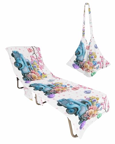 Blue Truck Easter Beach Lounge Chair Towel Cover, Soft Chaise Lounge Towel with Side Pockets Patio Pool Chairs Cover for Beach/Pool Sunbathing 29x85 Pink Spring Floral Eggs Botanical