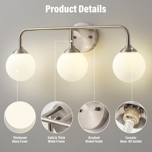 Image of Bathroom Light Fixtures - 3 Light Brushed Brass Vanity Light Over Mirror for Bathroom Mirror Living Room, Brushed Nickel Bathroom Wall Sconce with Frosted Glass Shade, 3 G9 Bulbs Included