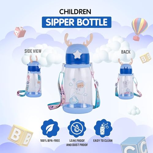 Image of FERIO Cute Panda Kids Water Bottle 600 ml, BPA-Free Sipper Bottle with Strap Leak-Proof Baby Water Bottle for School, Travel, Outdoor Use Cartoon Bottle for Girls & Boys (Multicolor, Pack of 1)