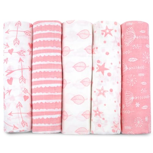 Image of Muslin Swaddle Blankets for Newborn, 5 Pack Receiving Blanket, Muslin Blanket Swaddles Wrap for Girls, Baby Essentials, 47x47 Inches Large Size, 100% Cotton, Pink