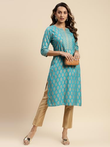 Image of rangita Women Rayon Regular Fit Turquoise Knee Length Printed Straight Kurti | Kurta