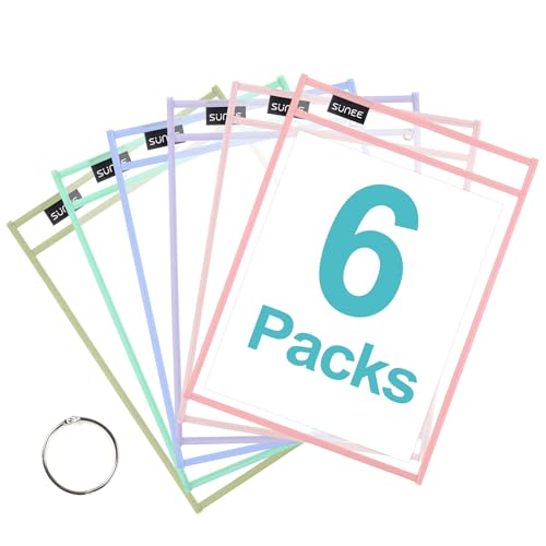 SUNEE 6 Packs Oversized Reusable Dry Erase Pocket Sleeves with Binder Ring, 6 Morandi Colors 10x14 Ticket Holders, Clear Plastic Sheet Protectors, Teacher School Classroom Supplies