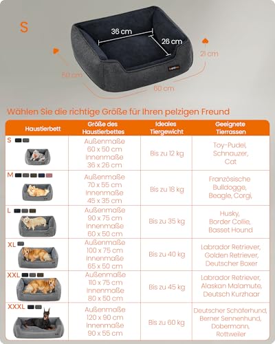 Feandrea Katzenbett, Hundebett, Hundekissen in Leinenoptik, erhöhte Ränder, rutschfeste Unterseite, Bezug abnehmbar waschbar, S, für Minihund, 60 x 50 x 21 cm, dunkelgrau PGW009G01