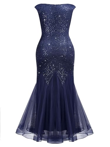 Miusol Women's Plus Size Sleeveless Sequins Lace V-Neck Tulle Mermaid Hem Formal Gown Dress Navy Blue