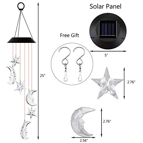 Vinkki Solar Wind Chime Color Changing Solar Light Moon Star LED Wind Chime Wind Mobile Portable Waterproof Outdoor Decorative Romantic Wind Bell Light for Patio Yard Garden Home