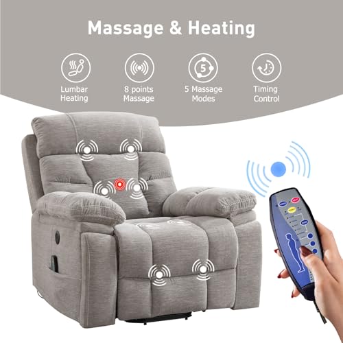Bonzy Home Large Power Lift Recliner with Heat and Massage, Overstuffed Power Lift Recliner Chair for Elderly, Soft Chenille Fabric, 2 Hidden Cup Holders, USB Charging Port, 2 Side Pockets, Light Grey - Thumbnail 4