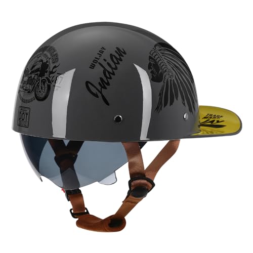Woljay Vintage Retro Open Face Motorcycle Helmet Baseball Cap Half Helmets with pull-down Lens for Men Women Moped Cap Jet Scooter Street Cruiser - DOT Certified (Indian-Gray