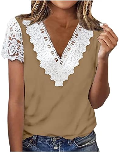 Dressy Casual Shirts Women Patchwork Short Sleeve Summer T-Shirt Tops Tunic Fit Lace Trim V Neck Vacation Tees Blouse