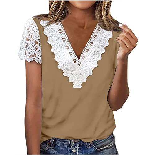 Dressy Casual Shirts Women Patchwork Short Sleeve Summer T-Shirt Tops Tunic Fit Lace Trim V Neck Vacation Tees Blouse #TOP4
