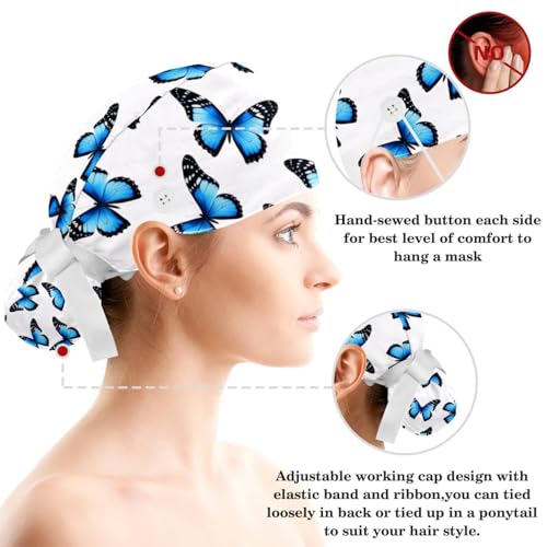 Image of Colored Butterflies Scrub Caps Women, Adjustable Working Cap with Button, Surgical Caps with Bow Hair Scrunchy