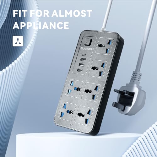 بايشن وصلة تمديد كهربائية عالمية مع 3 منافذ دبابيس، سلك تمديد مع 6 مقابس | 3 منافذ USB | منفذ واحد من النوع C، كيبلات طاقة تمديد بطول 1.88 متر للمنزل والمطبخ والمكتب (اسود)