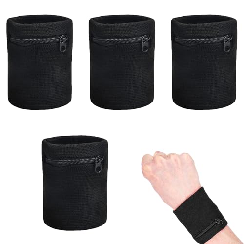 Sport Wristbands, 4 Stück Sport Handgelenktasche mit Reißverschluss, Sport Handgelenk Schlüssel Tasche, Wrist Wallet, für Yoga, Laufen, Wandern, Radfahren(Schwarz)
