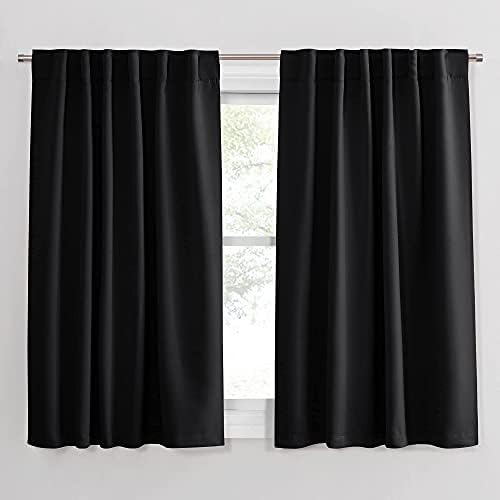 PONY DANCE Window Blackout Curtains - Nursery Drapery Back Tab Rod Pocket Thermal Insulated Short Curtain Panels Home Decoration, 52 Wide x 54 Long, Black, Set of 2