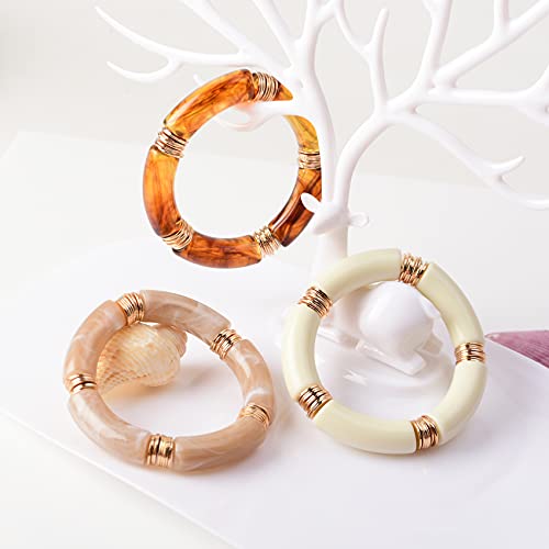 GOOJIDS Simple Beaded Gold Bangles Bracelet Chunky Bamboo Tube Curved Stacking Clear Acrylic Colorful Beads Stretchable Gold Bracelets Set For Women3