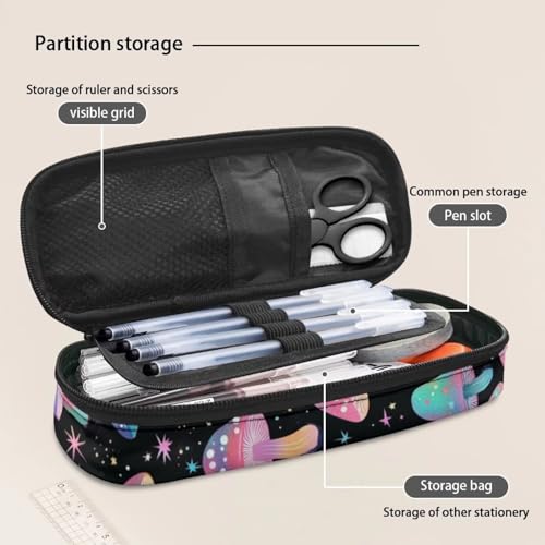 Image of Rainbow Mushroom Print Pencil Pouch Pen Bag, Pencil Case Stationery Pouch School Daily Storage Bag for Kids Girls Boys Teenagers, Black