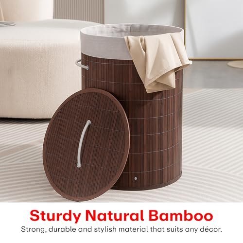 Image of Rioware Bamboo laundry bag basket for clothes with lid toy storage organiser box foldable Round Home Organizer and Storage | Eco Friendly | Compact and Easy to carry Dark Brown Econest