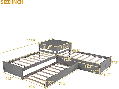 Citylight L-Shaped Platform Bed With Trundle And Drawers Linked With Built-In Desk, Wood Corner Bed With 3 Twin Beds For Kids Girls Boys Teens Bedroom (Twin,Espresso) #TOP1