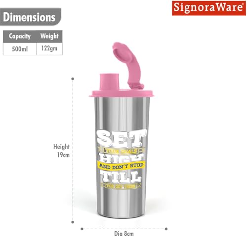 Image of SignoraWare Jumbo Stylish Stainless Steel Sipper | Airtight & Leakproof Lid | Easy to Clean & Carry | Ideal for Kids, Office, Gym, Travel, School & Outdoor Use (500ml | Pink)