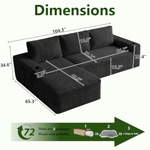 Image of 104.3 inch Modular Sectional Sofa,Modern Corduroy Cloud Couch with Cup Holder & Side Pockets,Boneless Couch Upholstered 3-Seater L-Shaped Sofa for Living Room,No Assembly (Black, Left-Facing Chaise) | with Cup Holder