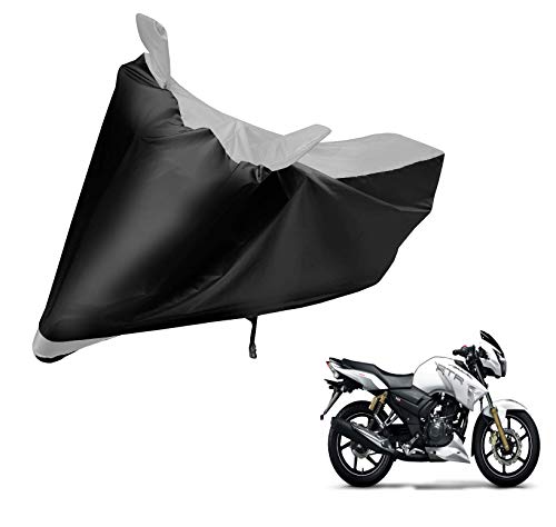 Image of Auto Hub Bike Cover Compatible with TVS Apache RTR 180 with Mirror Pocket, Dustproof, Heat Resistant, Triple Stitched, Apache 180 Bike Cover- Black, Silver