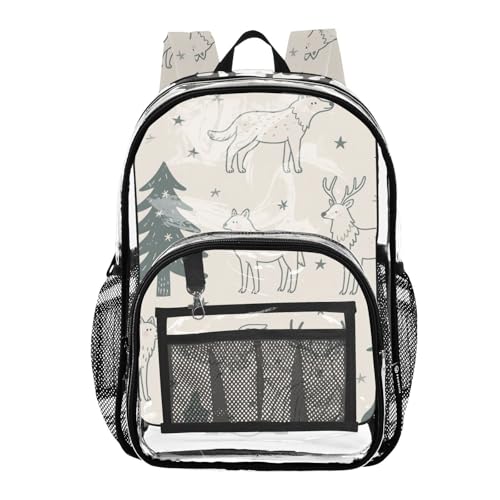 Pine Tree Animal Deer Dark Green Beige School Backpack Clear Clear Book Bag With Side Pocket See Through Transparent PVC Bag