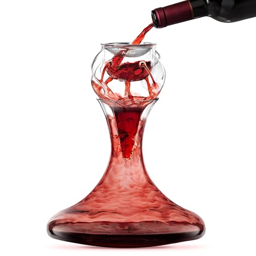 Final Touch Conundrum WDA71590 Aérateur de vin et décanteur rotatif fait à la main en cristal sans plomb Système d'aération 4 phases en acier inoxydable Filtre à sédiments aérateur en verre
