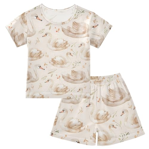 ALAZA Swan Flower Floral Pajamas Short Sleeve 2 Piece Sleepwear Top and Bottom Pajama Set Unisex
