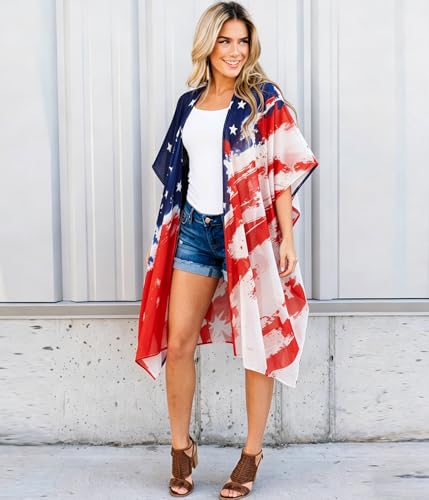 Image of Women's American Flag Kimono Cardigan 4th of July Cover Up Lightweight Patriotic Kimono Cover Up