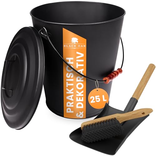 BLACK OAK Cubo de ceniza Santorini de 25 l, juego de pala y escoba grande, 25 litros, negro, redondo, con tapa de acero, resistente al fuego, galvanizado y recubrimiento en polvo, para cenizas y
