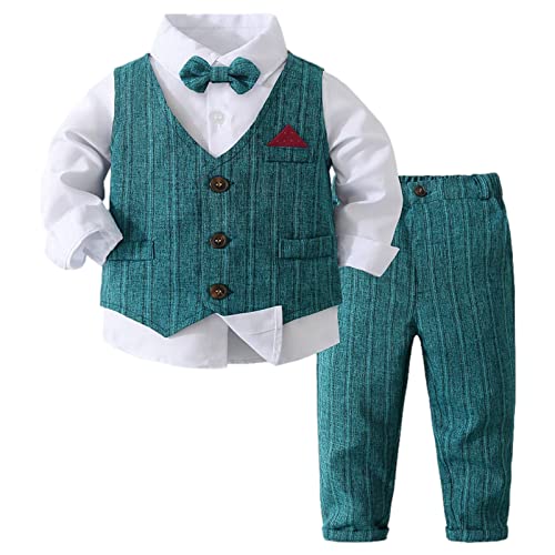 amokk Baby Boy Suits for 1st 2nd Birthday Toddler Long Sleeves White Shirt + Waistcoat + Pants + Bowtie Formal Wear Outfits for Baptism Wedding (Green, 12-18 M)