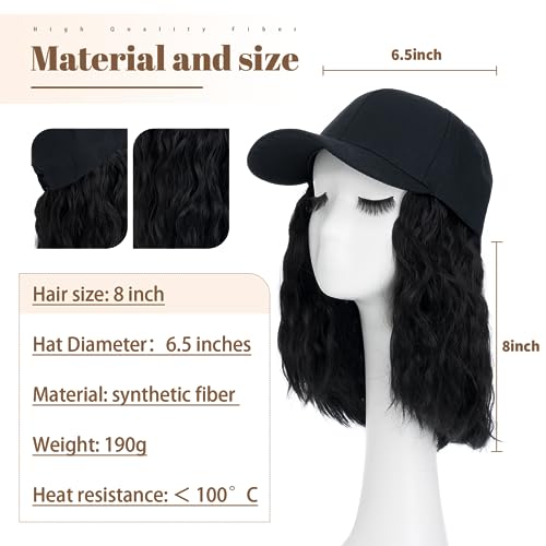 8 Inch Baseball Cap With Hair Extensions BOB Synthetic Hair With Attached Black Hat With One Piece Hair Extensions For Women - Image 2