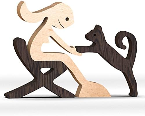 Bobo Bird Wooden Dog Cat Family Statue, Handmade Wood Decoration, Cute Puppy, Kitty and People Statue Sculpture Ornament Collectible Figurine Craft Arts for Home, Office, Living Room