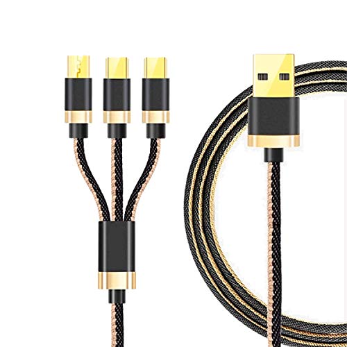 Image of MKU3I1 3 Amp 3 in 1 Nylon Braided Multi Charging Cable Multiple USB Phone Charger Cord Type C /Micro USB & iOS Connector (Black with Golden)