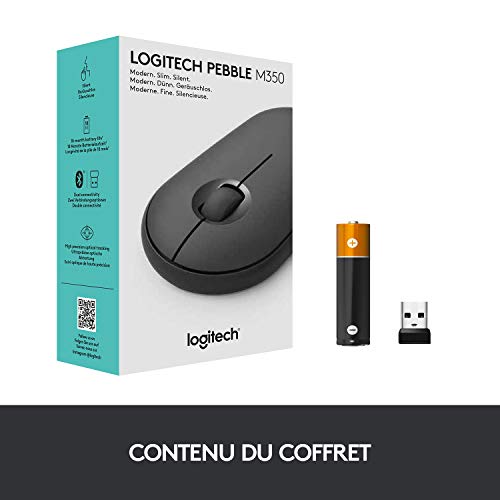 Logitech M350 Pebble Souris Sans Fil, Bluetooth ou 2,4 GHz avec Mini Récepteur USB, Souris pour Ordinateur avec Clic Sliencieux, Portable/Notebook/PC/Mac/iPad OS/Chromebook - Graphite/Noir