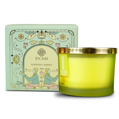 Image of EKAM 3 Wick Soy Wax Scented Candle | Lemongrass Fragrance | 35 Hr Burn | Long Lasting Premium Jar Candle for Home Decor, Relaxation & Aromatherapy